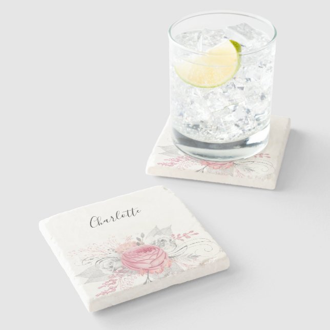 Pink floral silver foliage white name elegant stone coaster (Side)