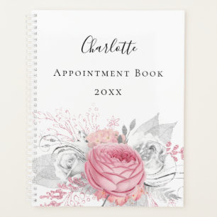 Pink floral silver foliage white name script 2022 planner