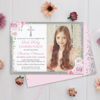 Pink Floral Silver Girl First Holy Communion Photo
