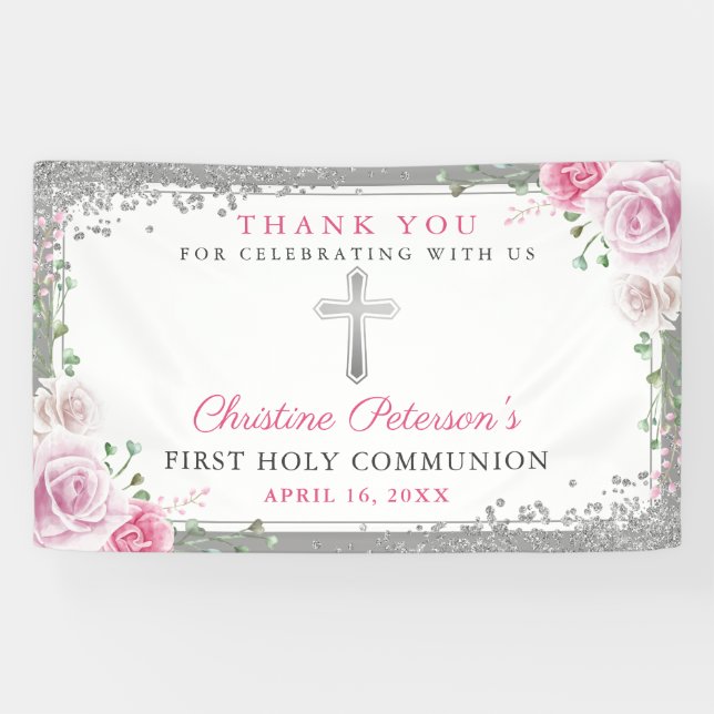 Pink Floral Silver Glitter First Holy Communion Banner (Horizontal)