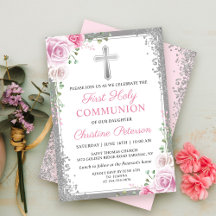 Pink Floral Silver Glitter First Holy Communion