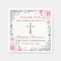Pink Floral Silver Glitter First Holy Communion