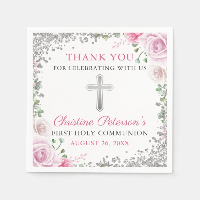 Pink Floral Silver Glitter First Holy Communion Napkin (Front)