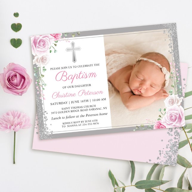 Pink Floral Silver Glitter Girl Baptism Photo Invitation (Creator Uploaded)