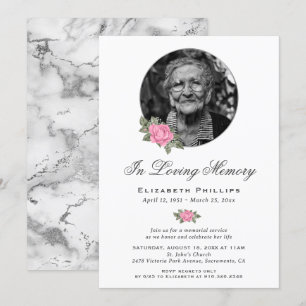 Pink Floral Silver Marble Photo Memorial Service Invitation