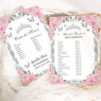 Pink Floral Silver Quinceañera Mis Padrinos Card