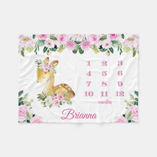 Pink Floral Sitting Deer Monthly Milestone Baby Fleece Blanket