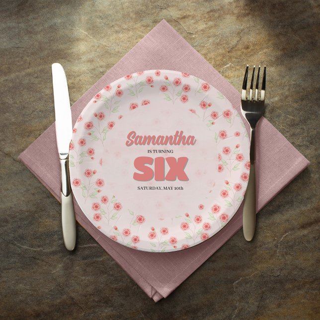 Pink Floral Sixth Birthday Girl Party Custom Paper Plate (Celebrate her sixth birthday in style with custom party paper plates. )