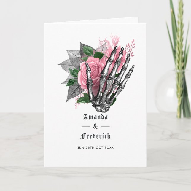 Pink Floral Skeleton Gothic Wedding Program Programme (Front)