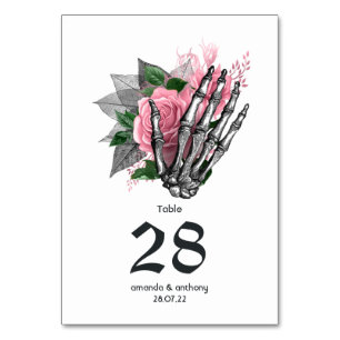 Pink Floral Skeleton Gothic Wedding Table Number