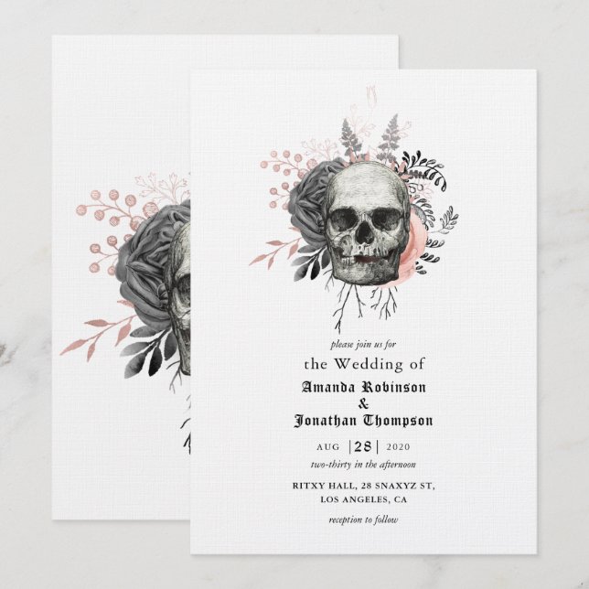 Pink Floral Skull Halloween Gothic Wedding Invitation (Front/Back)
