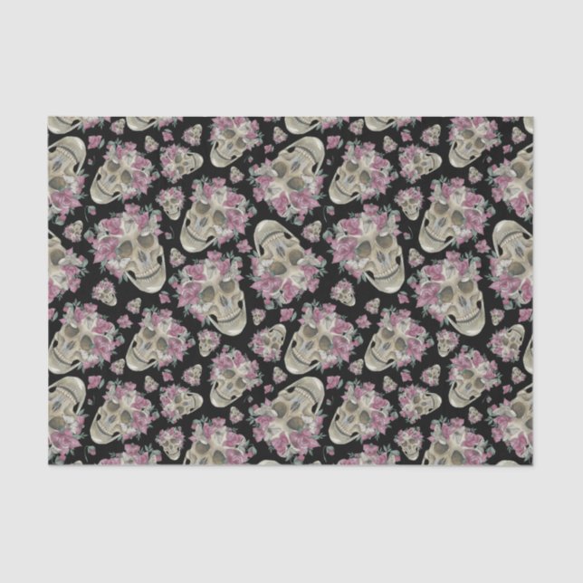 Pink Floral Skulls Moths Halloween Tissue Paper (Front)