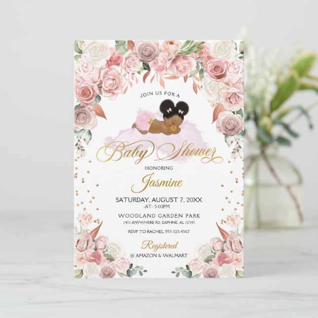 Pink Floral Sleeping Baby Shower Invitation (Standing Front)