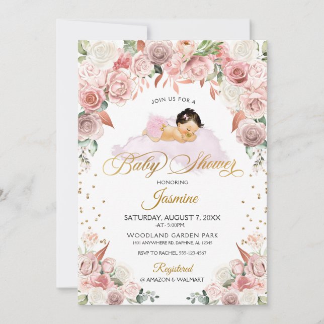 Pink Floral Sleeping Baby Shower Invitation (Front)