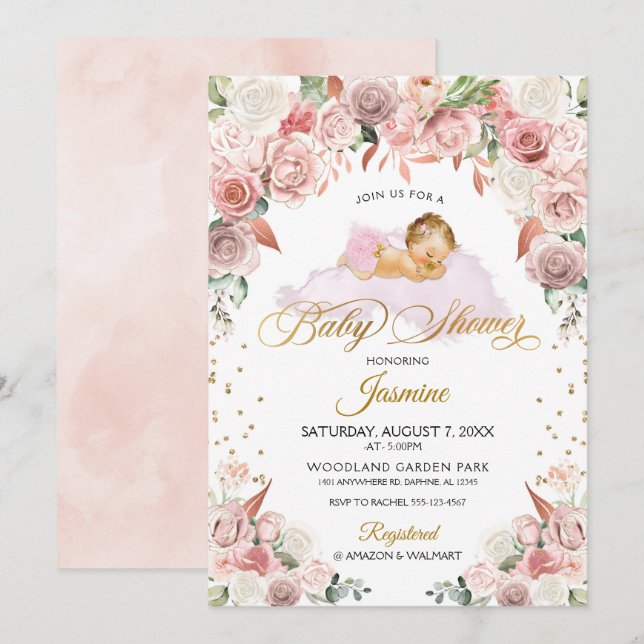 Pink Floral Sleeping Baby Shower Invitation (Front/Back)