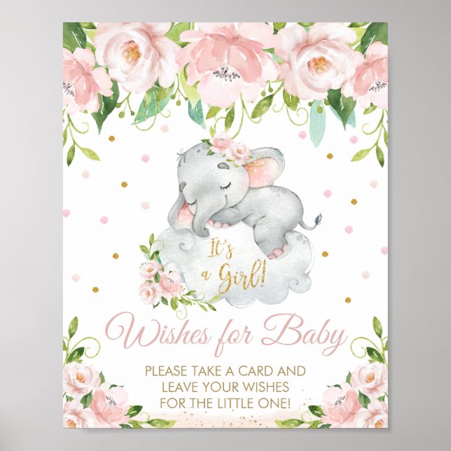 Pink Floral Sleeping Elephant Wishes for Baby Sign (Front)