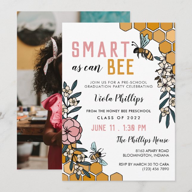 Pink Floral Smart As Can Bee Preschool Graduation Invitation (Front/Back)