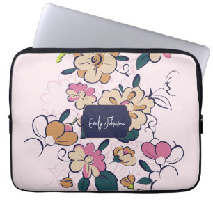 Pink Floral Soft Custom Name Pastel Flower Design Laptop Sleeve