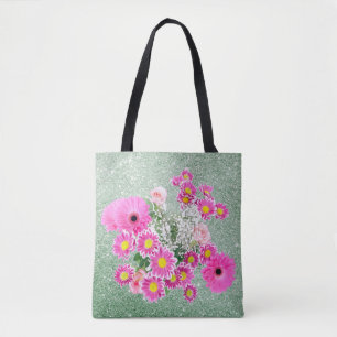 Pink Floral Soft Green Faux Glitter Tote Bag