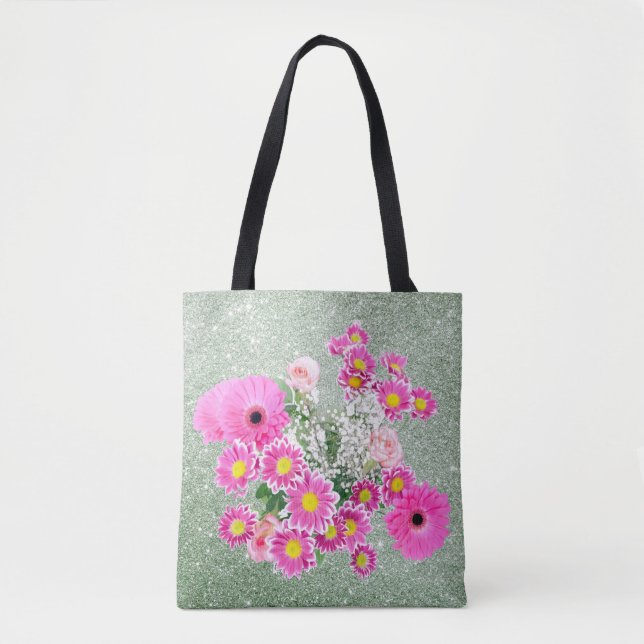 Pink Floral Soft Green Faux Glitter Tote Bag (Front)