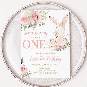 Pink Floral Some Bunny Birthday Party Invitation