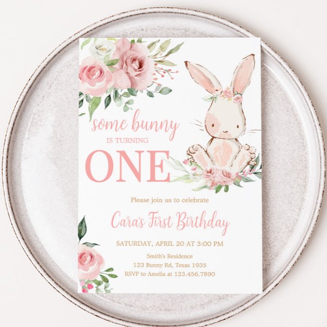 Pink Floral Some Bunny Birthday Party Invitation (Pink Floral Bunny Birthday Party Invitation)