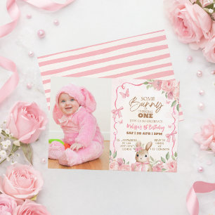 Pink Floral Some Bunny First Birthday Photo Invitation
