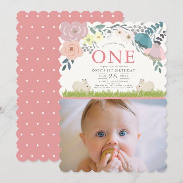 Pink Floral Some Bunny Girl 1st Birthday Photo Invitation (Front/Back)