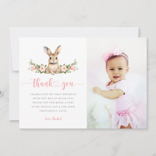 Pink Floral Some Bunny Girl 1st Birthday Photo Thank You Card (Front)