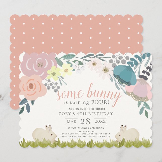 Pink Floral Some Bunny Girl Birthday Invitation (Front/Back)