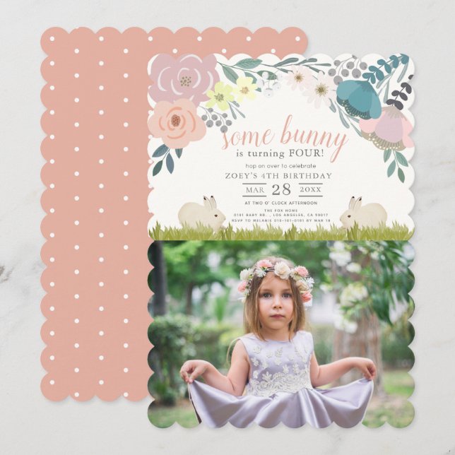 Pink Floral Some Bunny Girl Photo Birthday Invitation (Front/Back)