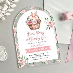 Pink Floral Some Bunny is Turning One 1st Birthday Acrylic Invitations