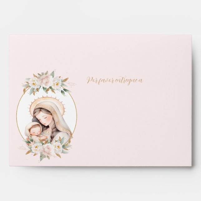 Pink Floral Spanish Catholic Baptism Envelope (Front)