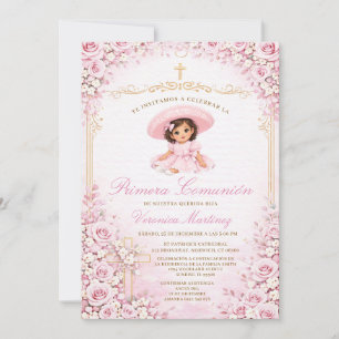 Pink Floral Spanish Girl Primera Comunión Cross Invitation