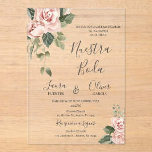 Pink Floral Spanish Wedding Acrylic Invitations