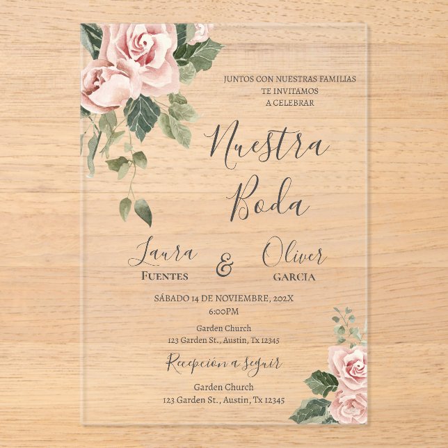 Pink Floral Spanish Wedding Acrylic Invitations (Front)