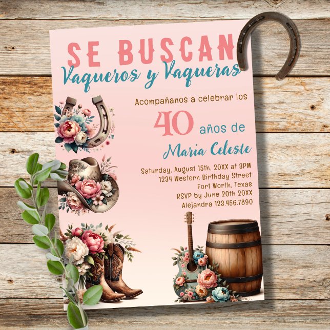 Pink Floral Spanish Western Cowboy 40th Birthday Invitation (Creator Uploaded)
