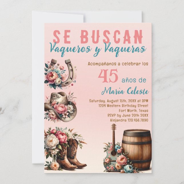 Pink Floral Spanish Western Cowboy 45th Birthday Invitation (Front)
