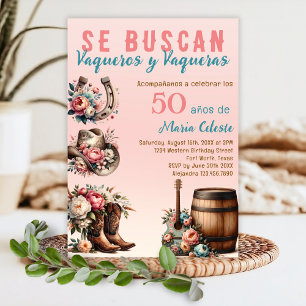 Pink Floral Spanish Western Cowboy 50th Birthday Invitation