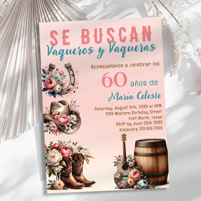 Pink Floral Spanish Western Cowboy 60th Birthday Invitation (Creator Uploaded)