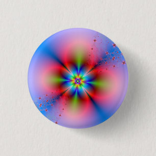Pink Floral Spray on Blue Pinback Button