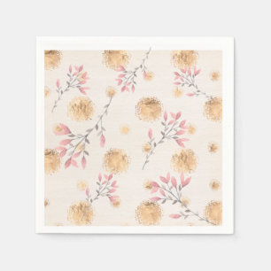 Pink Floral Sprays and Gold Spatter Dots on White Napkin