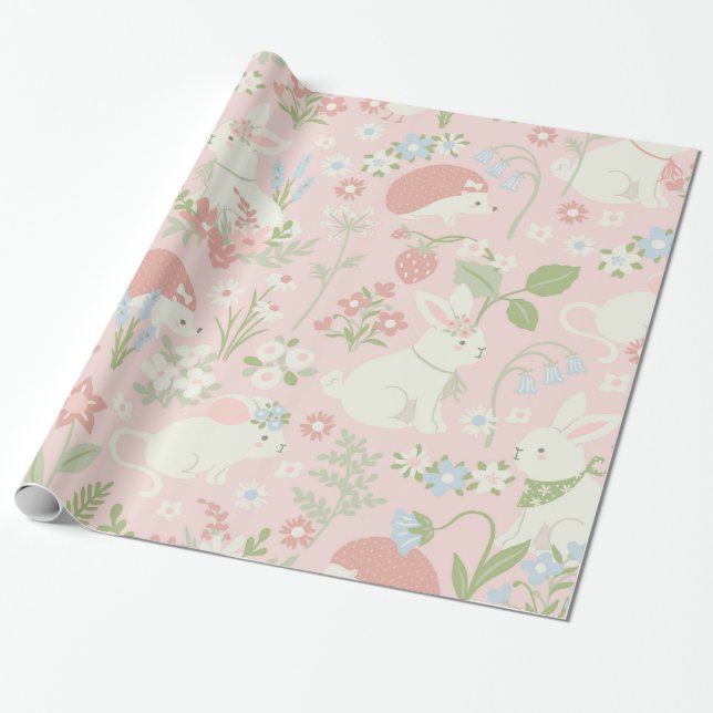 Pink Floral Spring Bunnies Wrapping Paper (Unrolled)
