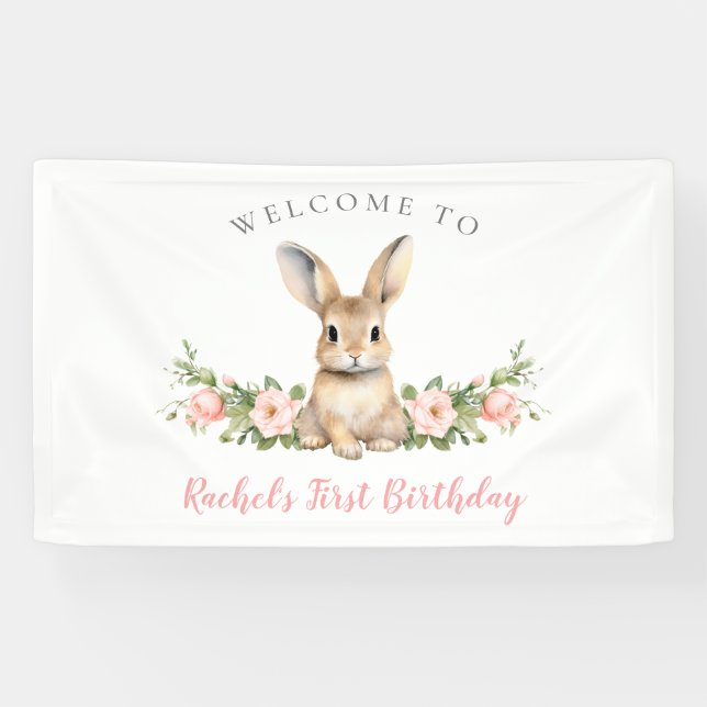 Pink Floral Spring Bunny Welcome 1st Birthday Banner (Horizontal)