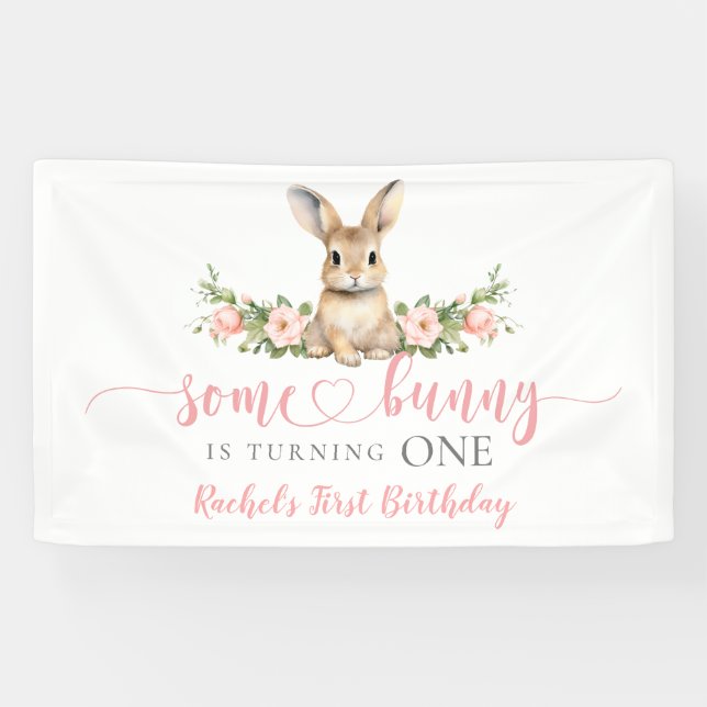 Pink Floral Spring Rabbit Some Bunny 1st Birthday Banner (Horizontal)