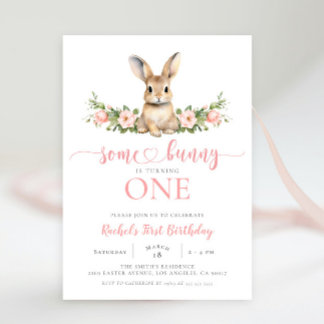 Pink Floral Spring Rabbit Some Bunny 1st Birthday Invitation