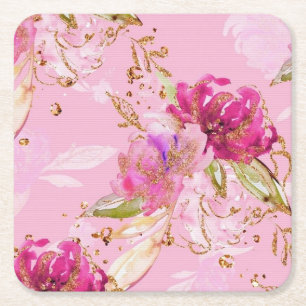 Pink floral square paper coaster