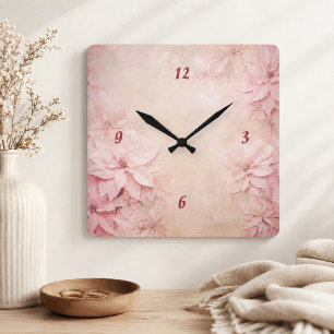 Pink Floral  Square Wall Clock