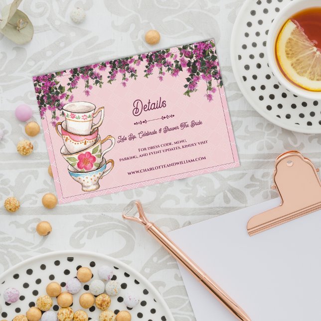 Pink Floral Stacked Teacups Bridal Shower Details Enclosure Card (Pink Floral Stacked Teacups Bridal Shower Details Enclosure Card)