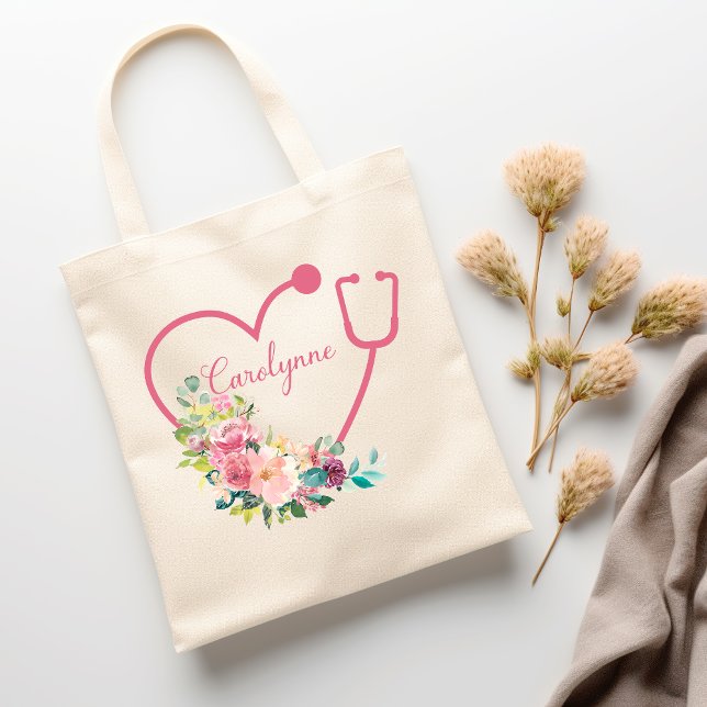 Pink Floral Stethoscope Heart Medical Nurse Doctor Tote Bag (Pink Floral Stethoscope Heart Medical Nurse Doctor Tote Bag)